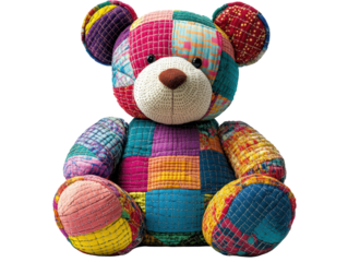 Isolated Multi-Colored Quilted Teddy Bear with Patchwork Detailing