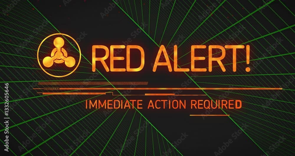 Poster animation of red alert message flashing over green geometric lines for urgent action
