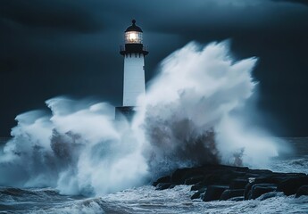 A lighthouse surrounded by huge waves during a storm, with a dark sky. This is a photographic scene. 
