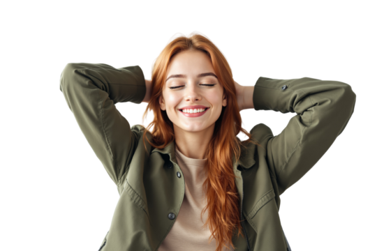Happy woman with red hair smiling, eyes closed, hands behind head, wearing green jacket on white background. Concept of relaxation and joy. Ai generative