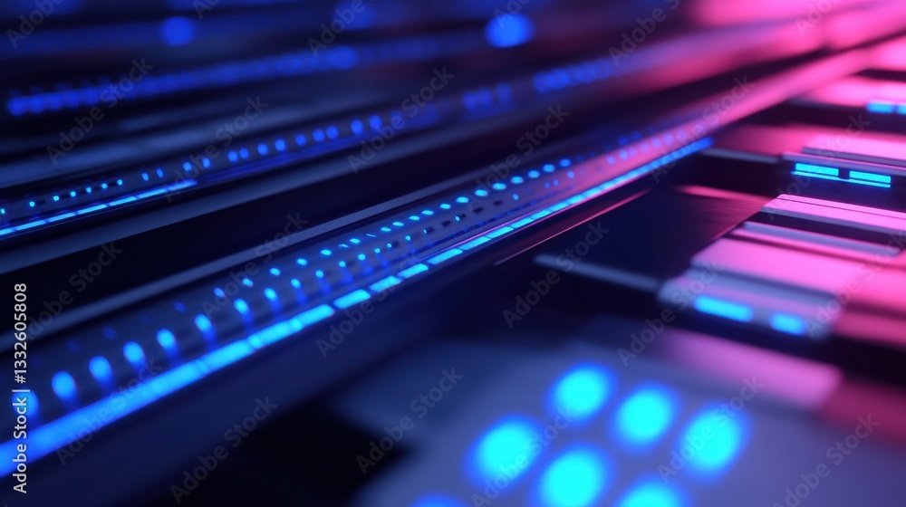 Poster a modern data center showcasing rows of servers with vibrant blue lights, representing advanced tech