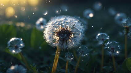 A close up of dandelions with small sparkles on them.