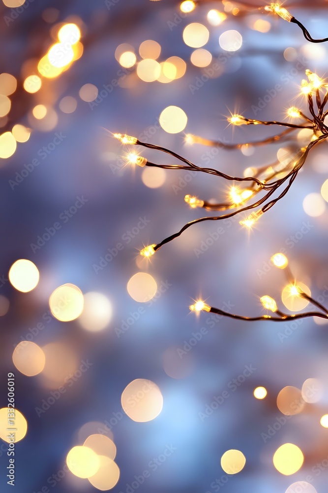 Poster glowing fairy lights on branches against soft blue background with magical bokeh effect, creating dr