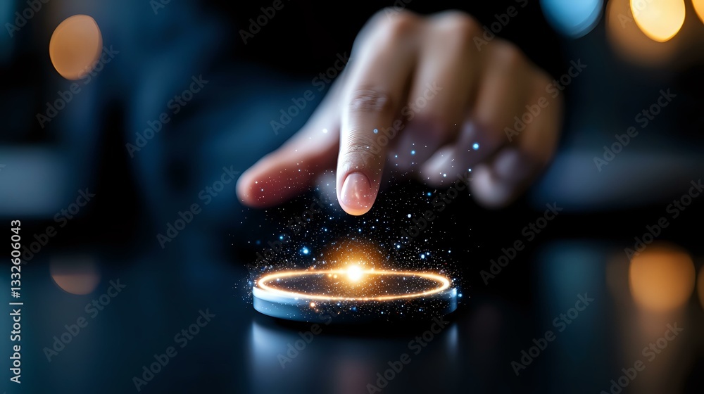 Poster magical glowing light ring with sparkles appears under pointing finger against dark background with 