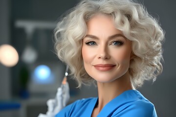 Fototapeta premium Confident female medical professional with platinum blonde curly hair wearing blue scrubs smiles warmly at camera in modern healthcare setting.