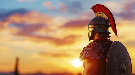 Courageous ancient Greek warrior standing against sunset backdrop, showcasing strength and valor