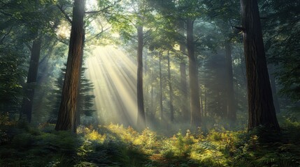 Obraz premium A tranquil forest scene with sunbeams piercing through towering trees and a misty atmosphere, illuminating the lush undergrowth and casting a warm glow over the woodland.