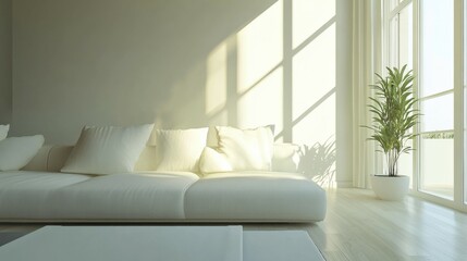 Modern Minimal clean clear contemporary living room home interior design daylight background,beige white sofa couch in living room daylight from window freshness moment mock up interior
