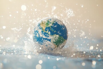 A globe splashes into water, symbolizing environmental conservation and the importance of water resources. Ideal for World Water Day, sustainability campaigns, and climate awareness