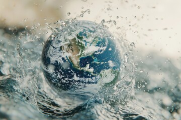 A globe splashes into turbulent water, symbolizing environmental conservation and the importance of protecting water resources. Ideal for World Water Day, climate awareness, and sustainability campaig