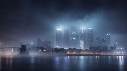 A nighttime cityscape is shrouded in mist. Tall skyscrapers emerge from the fog, reflecting on the water below.