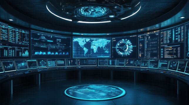 High tech control room with monitors displaying data and graphs