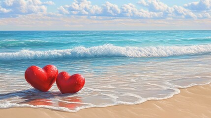 Fototapeta premium Two vibrant red hearts resting on a serene beach, with gentle waves lapping at the shore. This image evokes love, tranquility, and romance in a picturesque coastal setting.