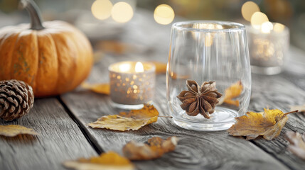 Cozy autumn dinner gathering with pumpkin, candles, and leaves