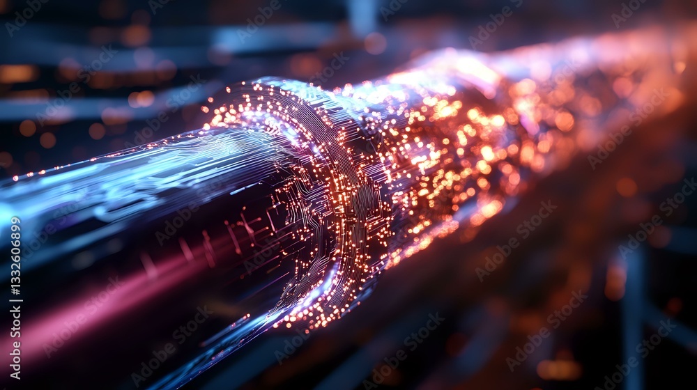 Poster glowing fiber optic cable transmitting digital data with light particles and energy streams in motio