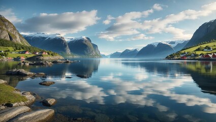 A scenic view of a fjord with mountains reflected in the still water.