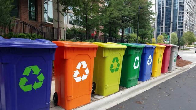 Colorful recycling bins lined along a sidewalk in an urban area during daytime