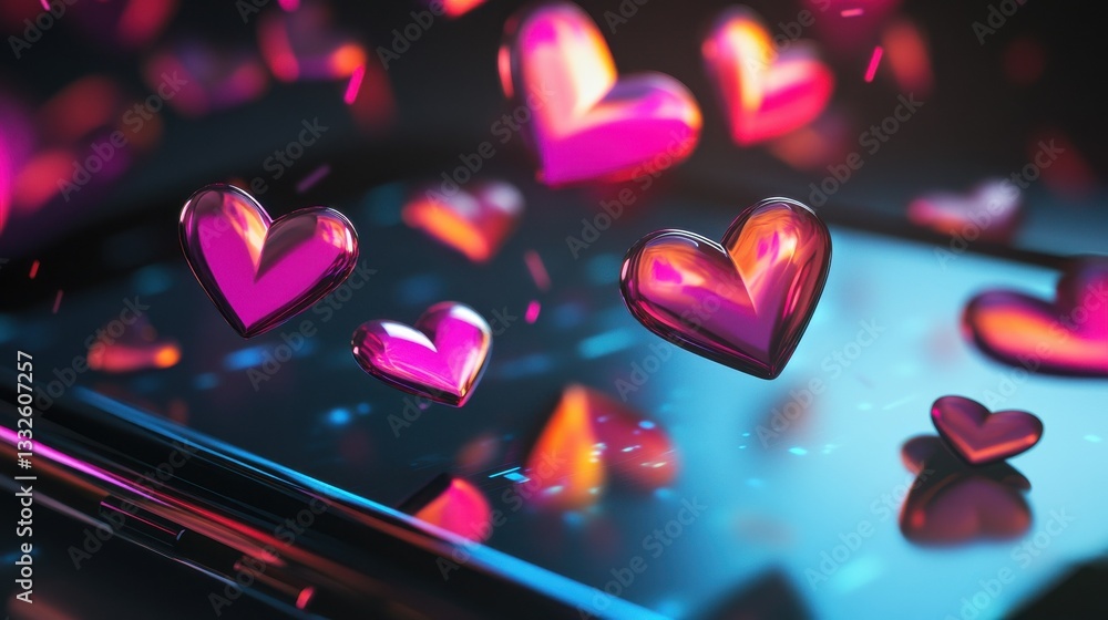 Poster vibrant digital heart icons in various sizes floating around the screen of a smartphone device. symb