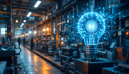 Innovative Technology Depicted Through Digital Lightbulb in Advanced Manufacturing Facility

