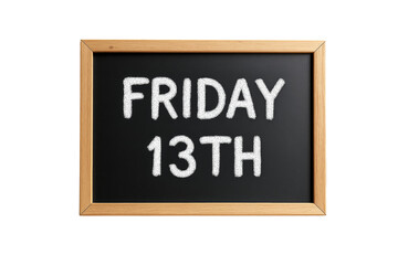 Fototapeta premium Chalkboard with Friday 13th text in white chalk, framed in wood, isolated on a white background. Concept of superstition and bad luck. Ai generative