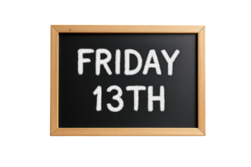 Chalkboard with Friday 13th text in white chalk, framed in wood, isolated on a white background. Concept of superstition and bad luck. Ai generative