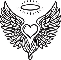 Heart with Wings and Halo Black Vector Outline