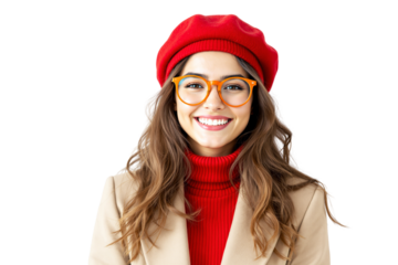 Fashionable woman in red beret, orange glasses, and beige coat smiling on white background. Trendy winter style concept. Ai generative