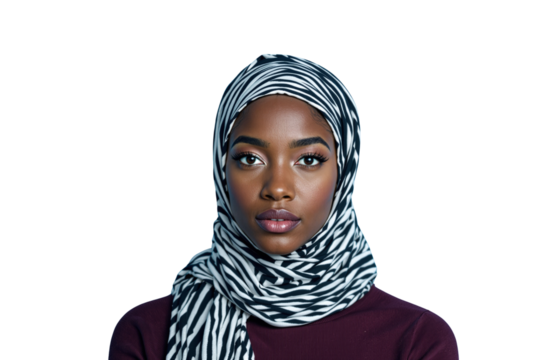 Confident woman in a black and white patterned hijab, isolated on white background. Closeup shot emphasizing beauty and cultural identity. Ai generative