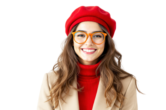 Fashionable woman in red beret, orange glasses, and beige coat smiling on white background. Trendy winter style concept. Ai generative