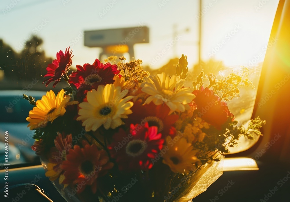 Aufkleber bright and colorful bouquet of gerbera daisies in a car with a sunset background and soft light crea