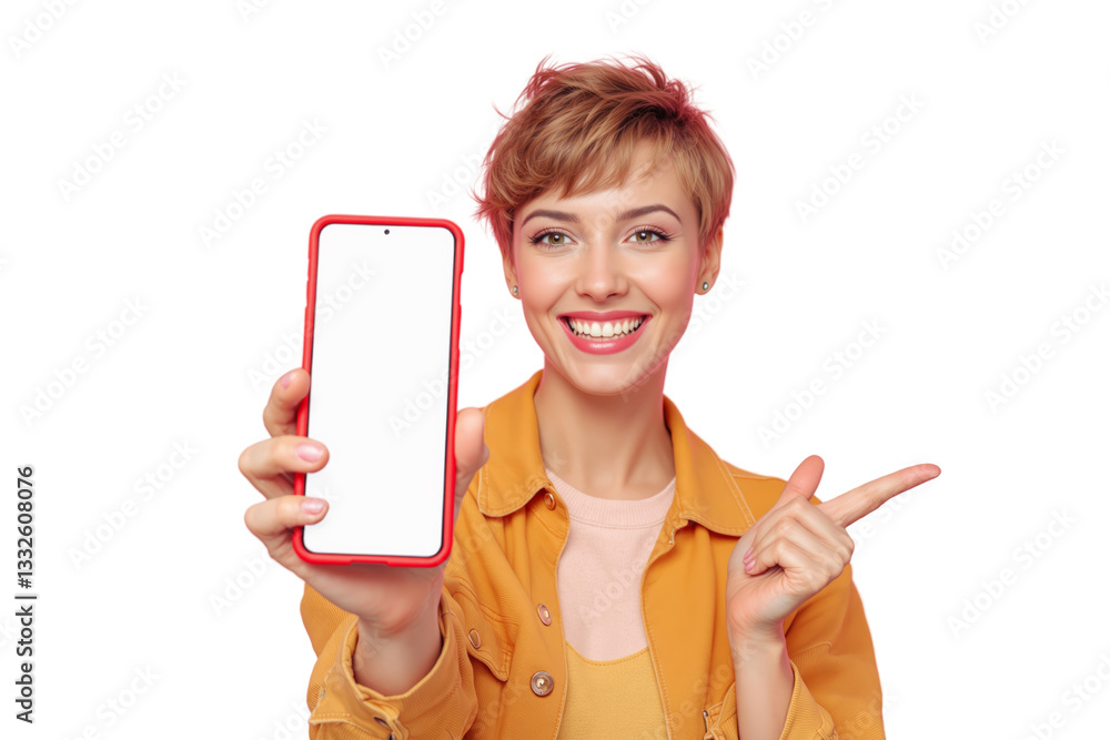 Poster woman in yellow jacket holding smartphone with blank screen, pointing at it and smiling on white bac