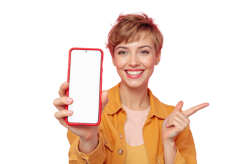 Woman in yellow jacket holding smartphone with blank screen, pointing at it and smiling on white background. Concept of advertisement and promotion. Ai generative