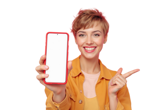 Woman in yellow jacket holding smartphone with blank screen, pointing at it and smiling on white background. Concept of advertisement and promotion. Ai generative