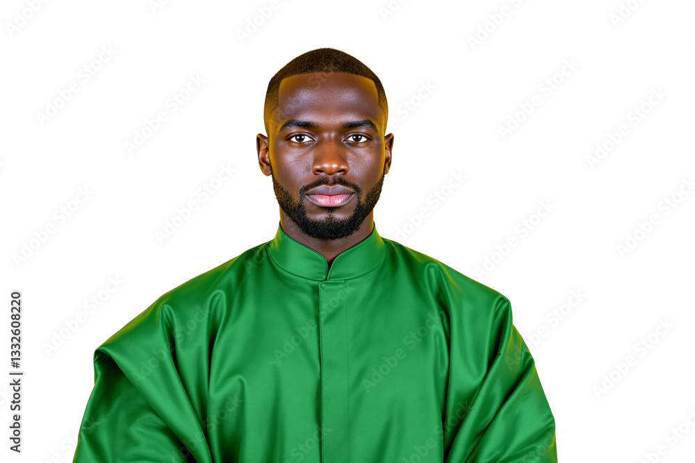 Poster closeup of a man in a green traditional outfit, isolated on a white background. he has a confident e
