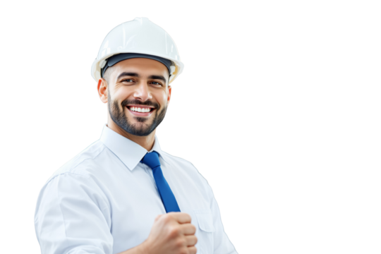 Smiling male engineer in white helmet and blue tie, showing confidence, isolated on white background. Concept of success and professionalism. Ai generative