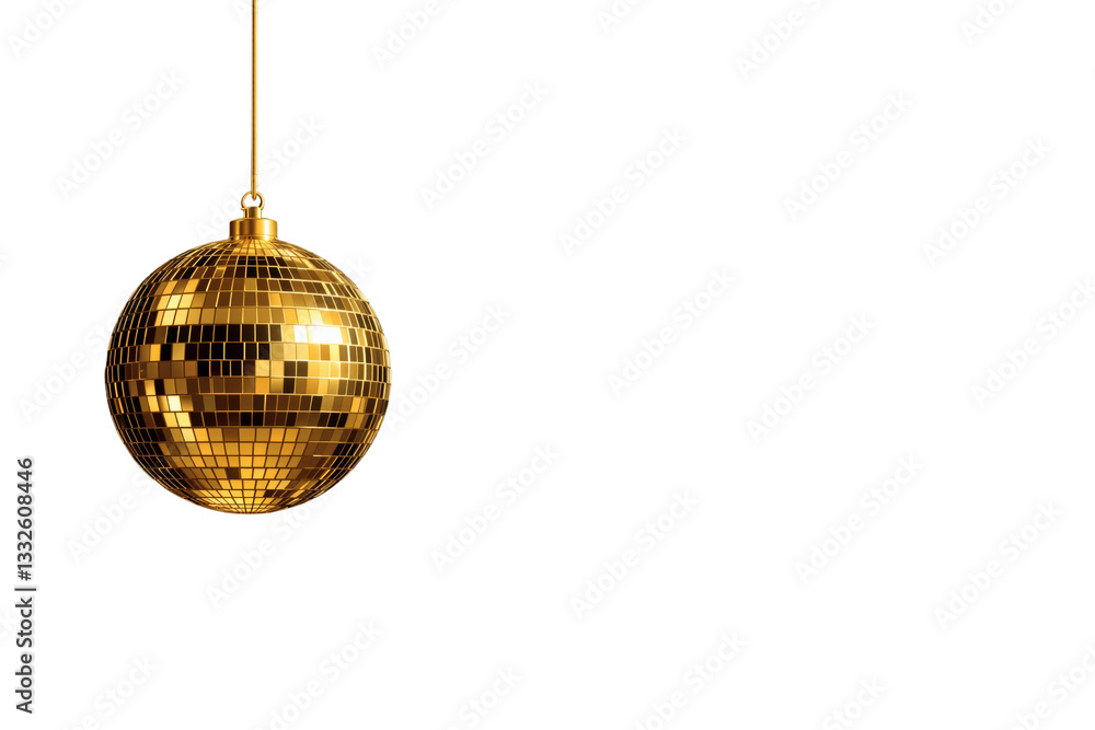 Poster shiny golden disco ball hanging on a string, isolated on a white background. reflective surface crea