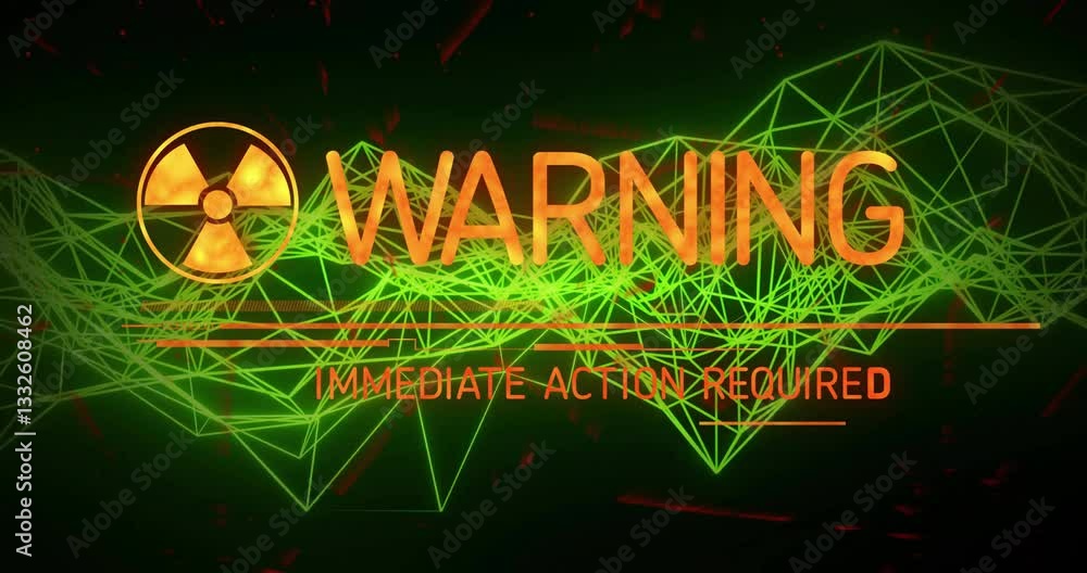 Poster radiation symbol with warning text over green geometric network background animation