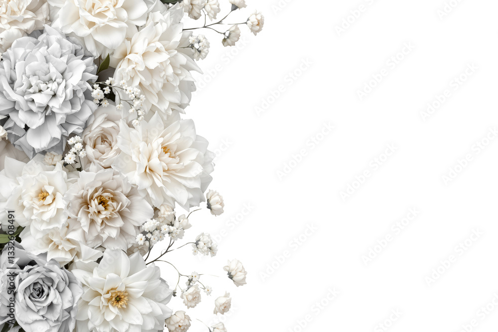Poster white and gray floral arrangement with soft petals and delicate details on a white background. elega