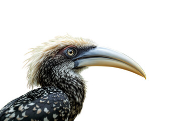 Fototapeta premium Closeup of a realistic exotic bird with detailed feathers and a large curved beak, isolated on a white background. Wildlife and nature concept. Ai generative