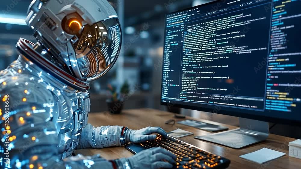 Poster astronaut coding in a high-tech environment during a futuristic space mission