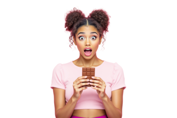 Young woman in pink top holding chocolate bar with a surprised expression on a white background. Concept of sweets, emotions, and enjoyment. Ai generative