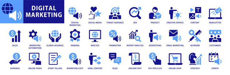 Digital marketing dual color icon set. With concepts like seo, content, website, strategy, product, social media, sales. Flat Style Blue Solid vector symbol collection
