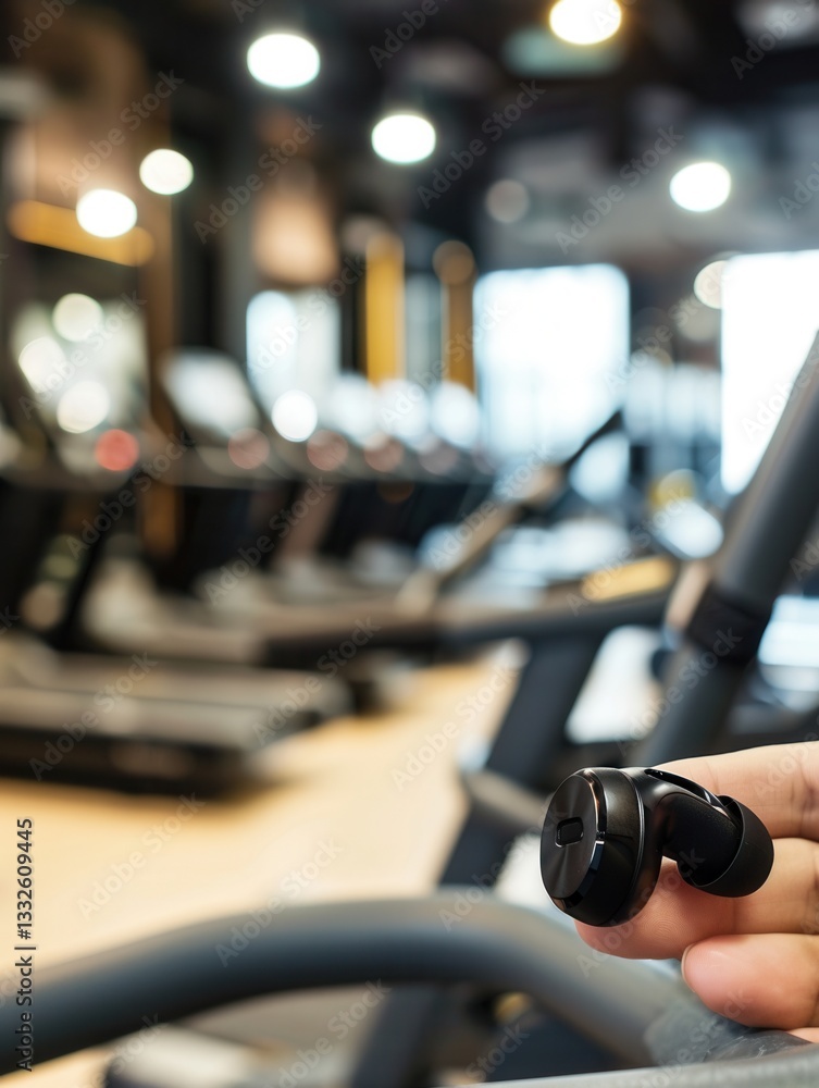 Poster close-up of an ear with wireless earbuds in a dynamic gym environment showcasing energy and fitness 