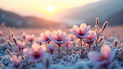 Pink flowers bloom in a frosty field at sunrise. Frosty Pink Sunrise