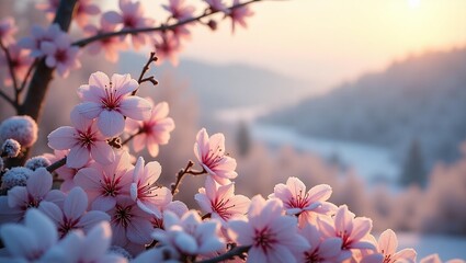 Pink flowers bloom in a frosty field at sunrise. Frosty Pink Sunrise