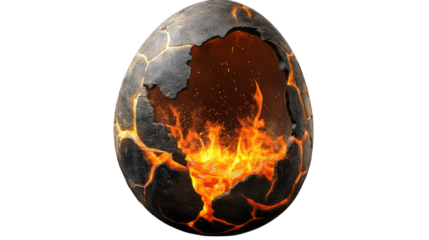 Volcanic dragon egg cracked open, releasing fiery lava, isolated on transparent background