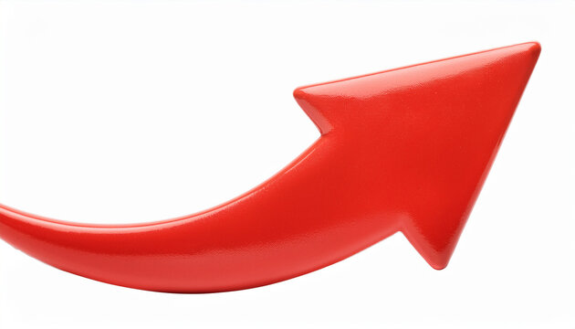 Red glossy arrow pointing upwards isolated on white background. Direction guide.