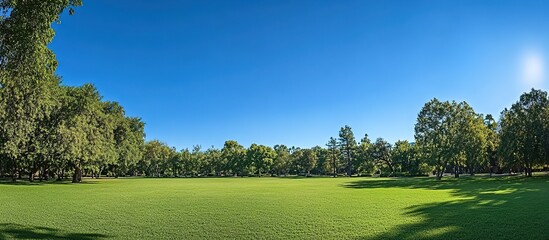 A wide shot of an expansive park with lush green grass, surrounded by trees and under the clear blue sky. 
