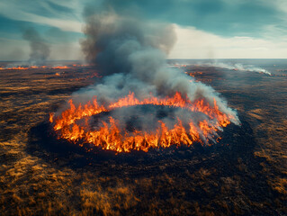 Vast field ablaze, circular fire