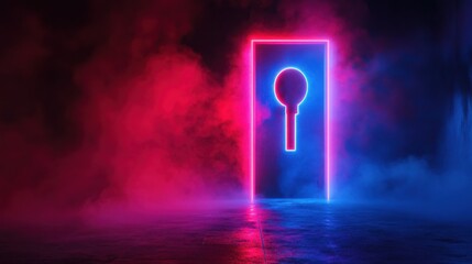 Futuristic neon keyhole doorway with glowing red and blue lights in a misty dark room, evoking a sense of mystery and science fiction.